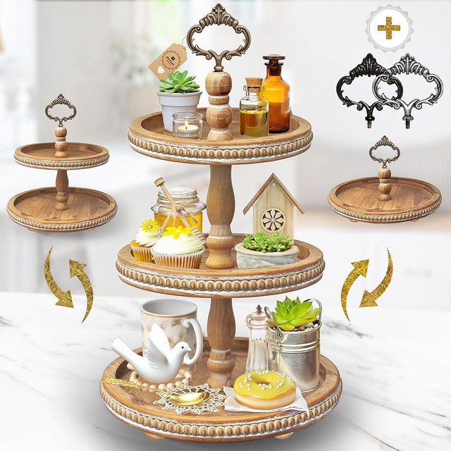 [3-in-1] Wooden Tiered Tray Stand - Beaded 3 Tiered Tray Decor Wood Cupcake Stand for Farmhouse Country Rustic Home - 3 Tier Stand [with 3 Changeable Handles] by Felt Creative Home Goods (Brown)
