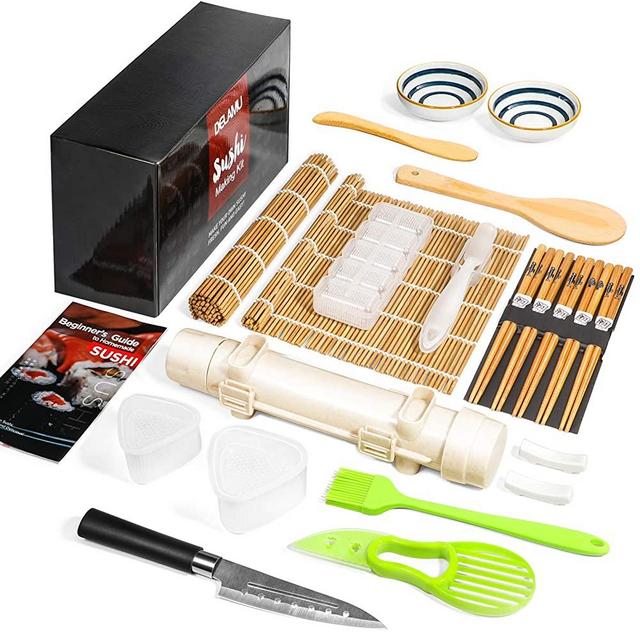 Sushi Making Kit, Delamu 21 in 1 Sushi Maker Bazooka Roller Kit with Bamboo Mats, Chef’s Knife, Triangle/Nigiri/Gunkan Sushi Mold, Chopsticks, Sauce Dishes, Rice Spreader, User Guide