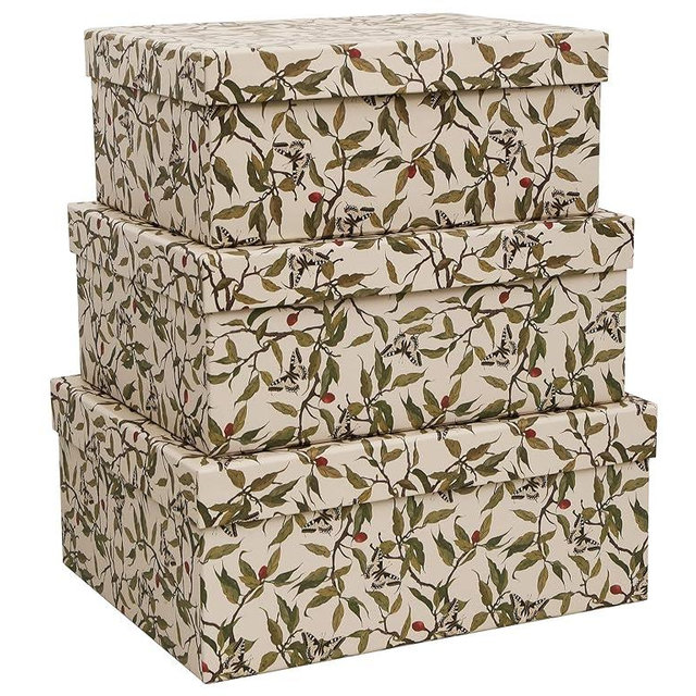 MIZFRUZZY 3-Piece Decorative Storage Boxes with Lids, Botanical Leaf & Butterfly Design, Vintage-Inspired Paperboard Keepsake Box Set for Photos, Memories & Decorative Storage
