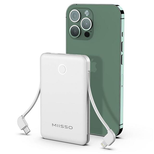 6000mah Ultra Slim Built in Cables Power Bank, Card Size Built in USB C Cords Battery Pack Portable Charger for Phones, 3 Output External Battery Pack Compatible with iPhone, Samsung, Google, White