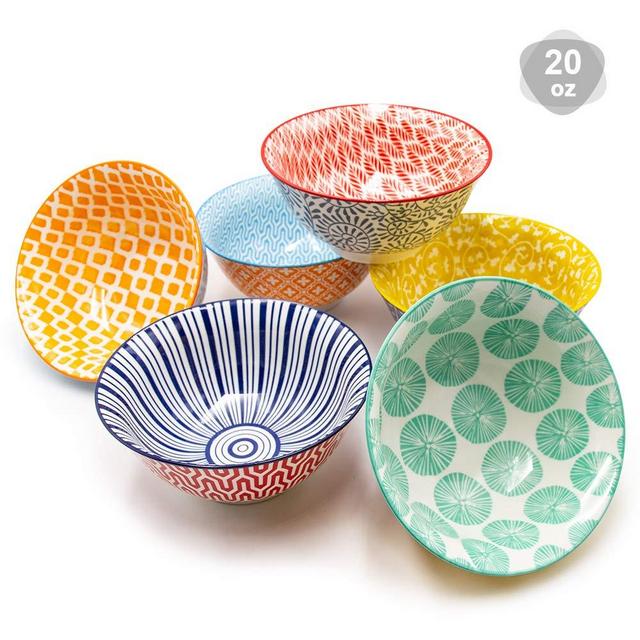 KitchenTour Porcelain Bowls Set - Cereal, Soup, Salad, Pasta, Rice, Dessert Ceramic Bowls - Assorted Colorful Design Set of 6