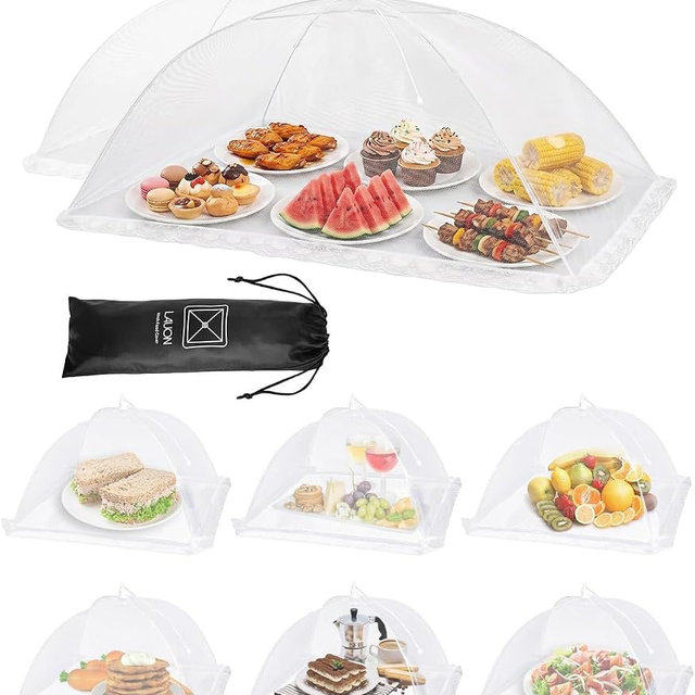 Lauon Food Covers for Outside - 2 Extra Large (40 x 25 in) & 6 Large (17 x 17 in) Pop-Up Umbrella Screen Tents- Breathable Outdoor Mesh Food Covers & Picnic Essentials - Collapsible Mesh Food Tent