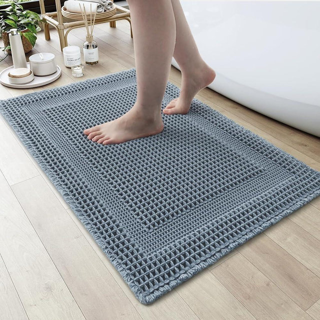 AMOAMI Waffle Bath-Mat, Absorbent Bath Mats for Bathroom Non Slip, Machine Washable Bathroom Rugs with Tassels Ultra Soft Boho Bath Rugs 18''x30'' Blue