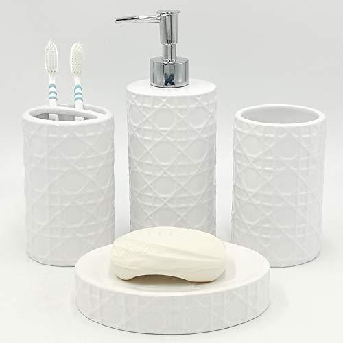 CAA'S Ceramic Bathroom Accessory Set,4 Pieces Bathroom Ensemble for Bath Decor Includes Lotion Dispenser, Toothbrush Holder, Tumbler, Soap Dish (White Netting)