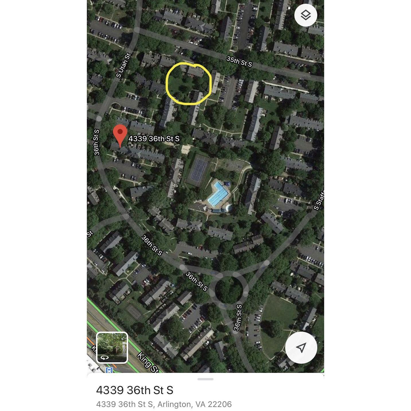 The grassy area where we'll have the wedding is circled in yellow. There will be signs and we will help you find it!