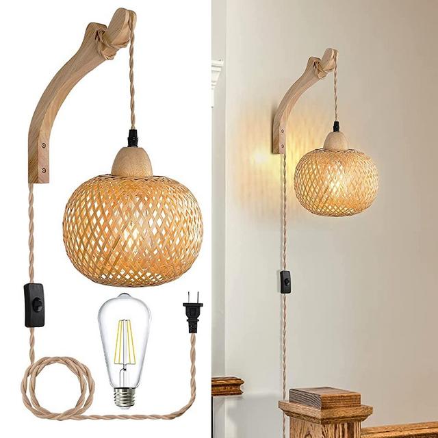 Frideko Bamboo Lantern Plug in Wall Sconces Wicker Wall Lamp with Plug in Cord Hand Woven Rattan Wall Light Farmhouse Rustic Wall Sconces Boho Sconces Wall Lighting for Living Room(Bulb Included)