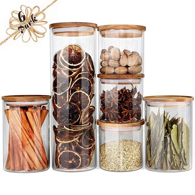 Glass Jars with Wood Lids Urban Green, Airtight Glass Canisters Sets, Glass Storage Containers, 6 Sets, Food Storage Containers, Glass Storage Jars with Lids, Glass Canisters, Panry Container Glass