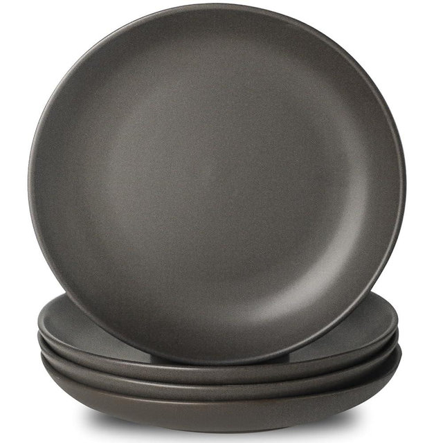 Tikooere Stoneware Dinner Plates, 10 Inch Serving Dishes Set of 4 for Kitchen, Ceramic Dinnerware Dishes for Steak, Pancakes, Scratch Resistant Plate Set, Microwave & Dishwasher Safe, Matte Black