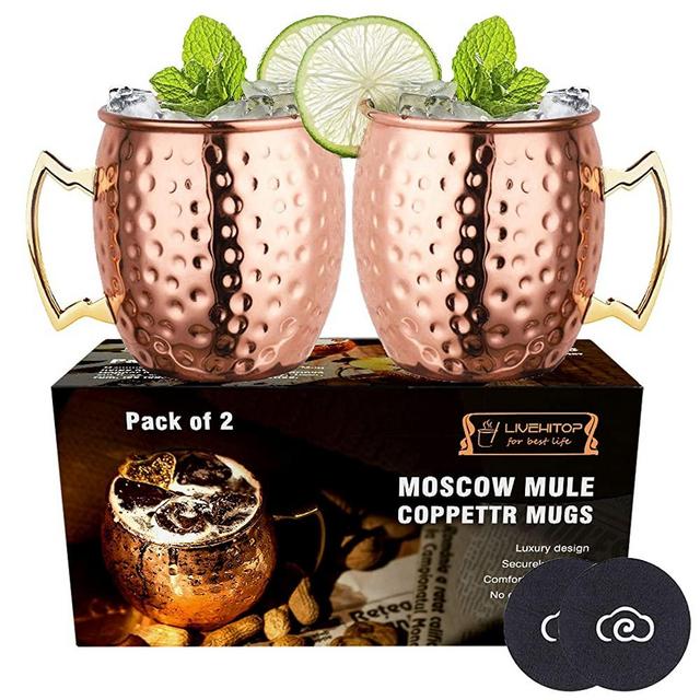 LIVEHITOP Moscow Mule Copper Mugs Set of 2, Copper Cups 18 Oz Cocktail Kit with Coaster for Wine, Beer, Cold Drink, Bar, Party, Gifts