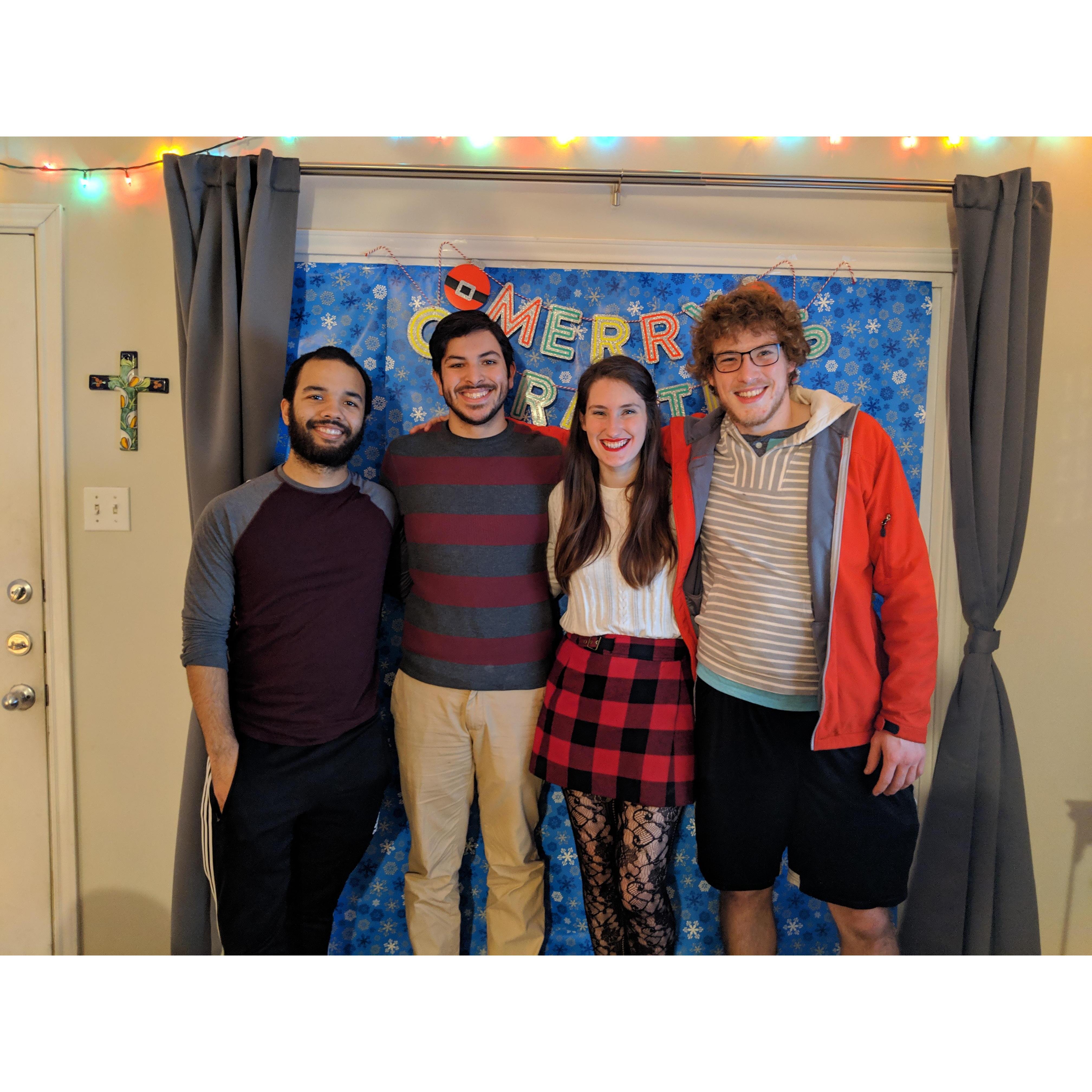 With groomsmen Kachi and Peter at a Christmas party 2018