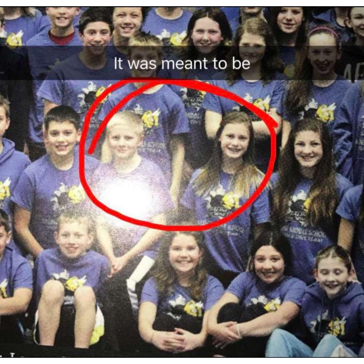 Our middle school swim team photo when sure enough we were standing right by each other, leaning opposite directions because we didn’t know each other and boys have cooties.
