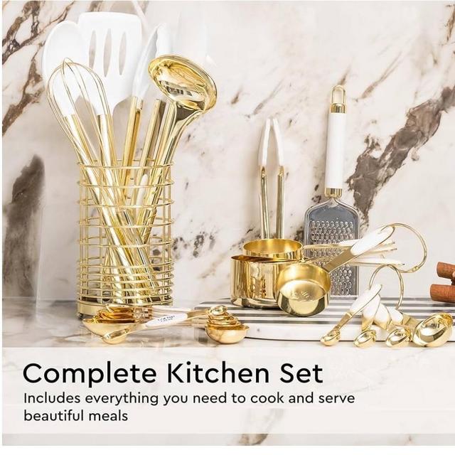 White and Gold Kitchen Utensils Set - 23 Piece Luxe White and Gold Kitchen Accessories Include Gold Measuring Cups and Spoons, White Silicone and Gold Cooking Utensils, White and Gold Kitchen Tools