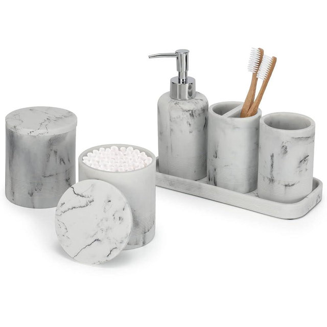 ZCCZ White Marble Bathroom Accessories Set 6 Pieces - Toothbrush Holder, Lotion Dispenser, Qtip Container, Vanity Tray, Tumbler - Countertop Organizer for Bathrooms - Elegant and Functional Décor Set