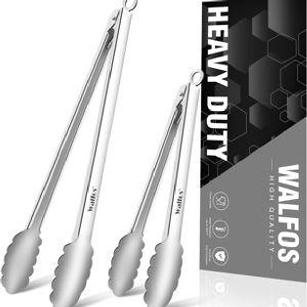 Tong for cooking, Walfos kitchen tongs set of 2 - Heat Resistant 600℉, Heavy Duty Locking Metal cooking Tongs, Stainless Steel BBQ Grilling,(All Metal 12in+16in)