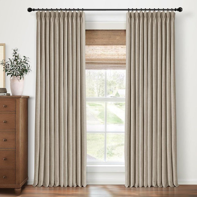 CAPALOCA Pinch Pleated Blackout Curtains 90 Inch Long, Linen Blend, 100% Blackout Drapes with 20 Hooks, Ideal for Bedroom and Living Room, 40" W x 90" L (Pack of 2), Dark Flax