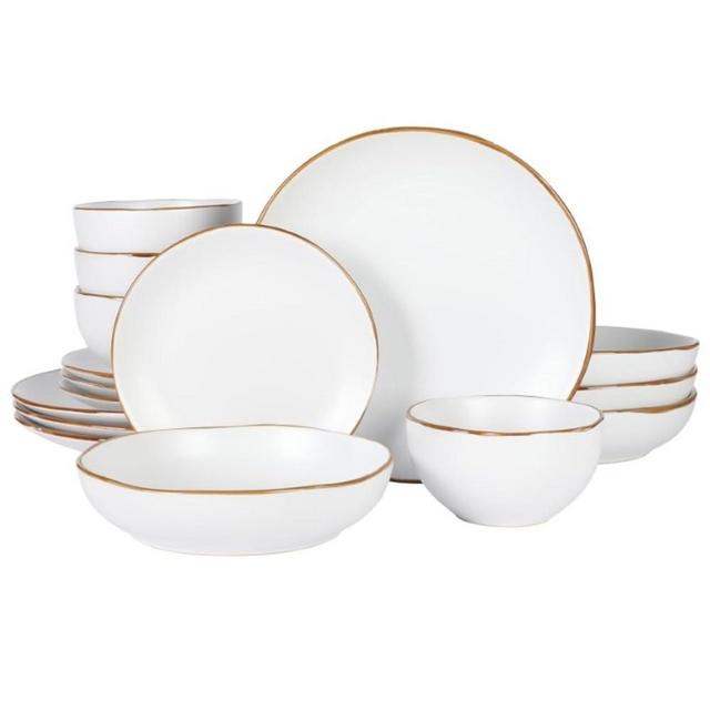 Gibson Home Hazeltine 16 Piece Plates and Bowls Dishes Stoneware Ceramic Dinnerware Set - White