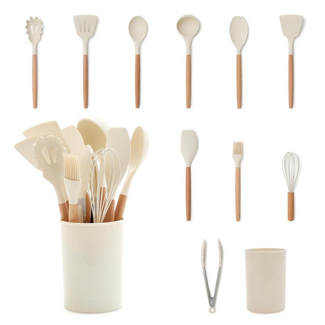 GreenLife 11 Piece Silicone Utensil Crock Set, PFAS-Free & BPA-Free Nonstick Kitchen Tools, Ladle, Turner, Slotted Turner, Spatula, Spoon, Spaghetti Server, Brush, Whisk, Tongs, Crock, Cream White