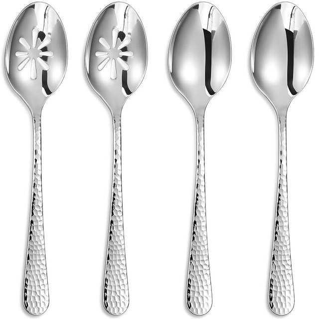 KEAWELL Premium Louise Hammered Serving Spoon Set, 18/10 Stainless Steel, 9" Fine Hostess Serving Utensils with Round Edge, Dishwasher Safe (Serving Spoons and Slotted Spoons)