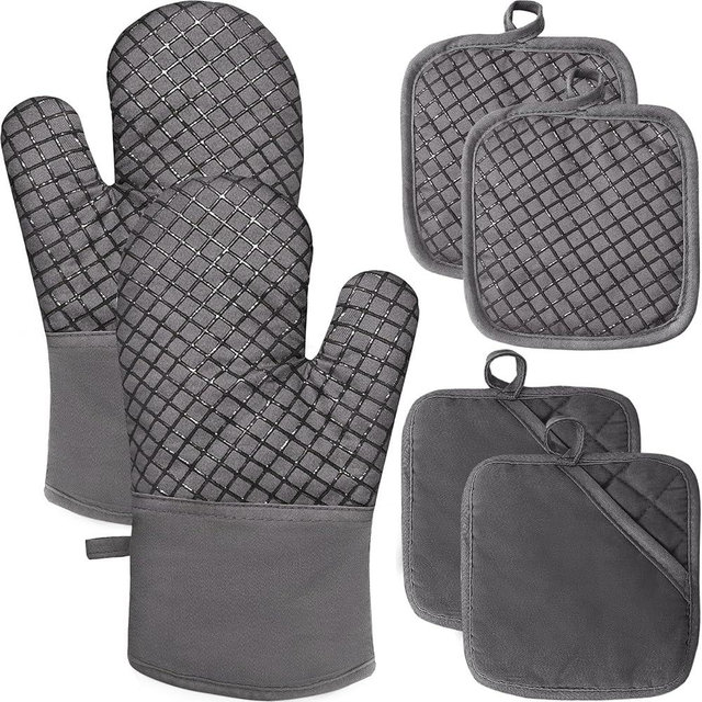 4 Pcs Oven Mitts and Pot Holders,High Heat 500°F Resistant Glove Potholder with Thick Cotton,Silicone Non-Slip Surface Long Kitchen Oven Glove for Cooking Baking Grilling(Grey)