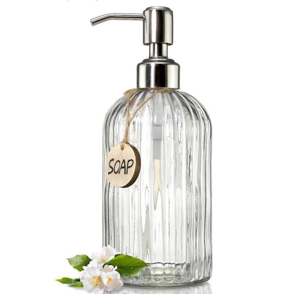 JASAI 18 Oz Clear Glass Soap Dispenser with Rust Proof Stainless Steel Pump, Refillable Liquid Hand Soap Dispenser for Bathroom, Premium Kitchen Soap Dispenser (Clear).