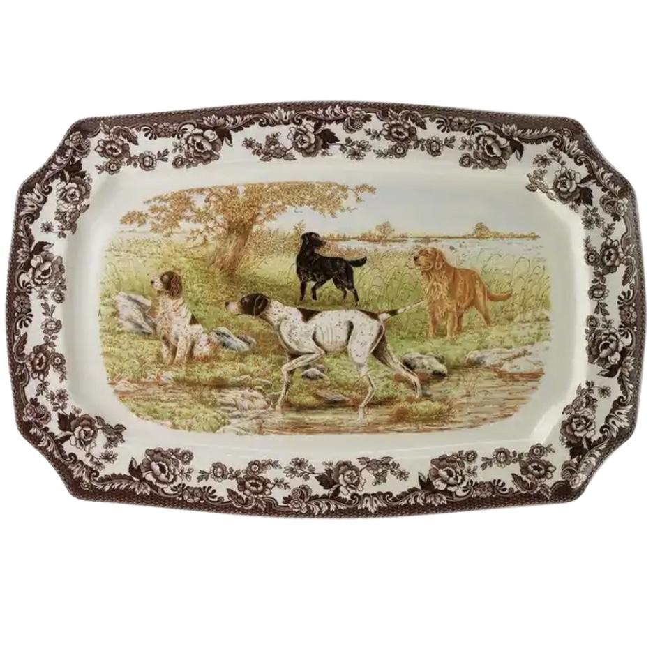 Spode Woodland 17.5" Rectangular Serving Platter | Large Serving Tray with Hunting Dogs Design | Made from Fine Porcelain | Microwave and Dishwasher Safe