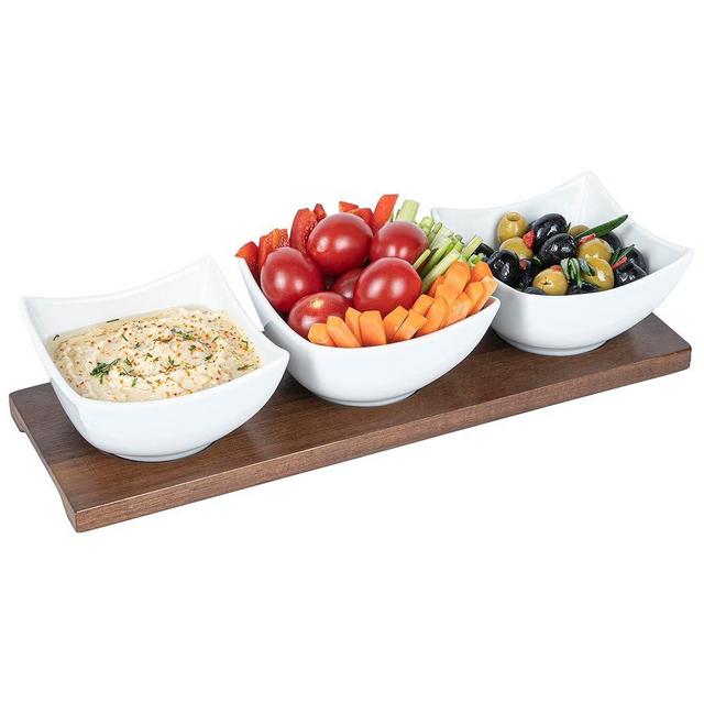 Restaurantware 15 Ounce Bowl Set with Tray - 1 Dishwashable Serving Set Includes 3 Porcelain Bowls And 1 Bamboo Tray Durable White Porcelain And Bamboo Bowl And Tray Set Reusable Freezable