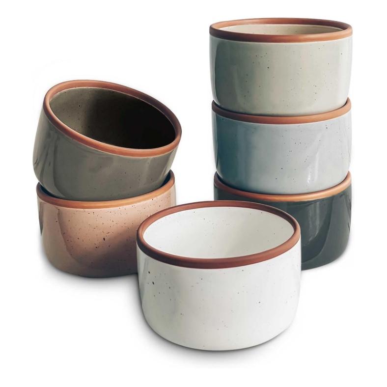 Mora Ceramic Ramekins - 6oz, Set of 6 - Small Oven Safe Baking Dishes/Cups - For Personal Pudding, Creme Brulee, Souffle, Serving Dip, Custard, Ice Cream - Single Mini Bowls - Assorted Neutrals