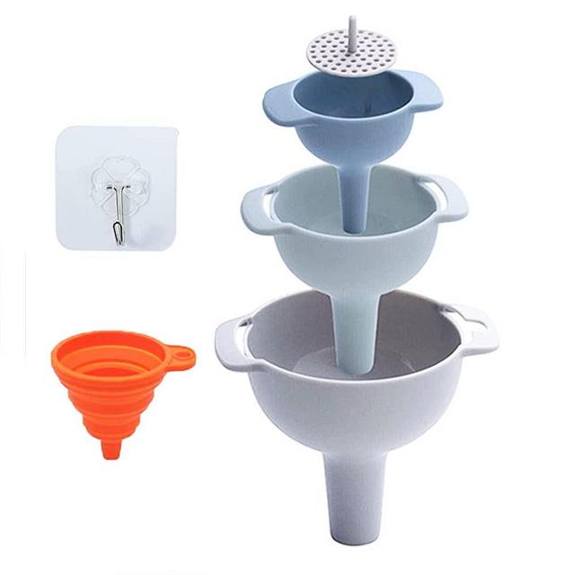 Kitchen Funnel Set of 3, Nested Funnels with Handle, Food Grade Plastic Funnels, Removable Strainer Filter for Liquid Fluid Dry Ingredients and Powder Transfer