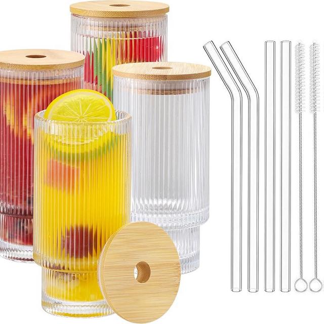 ASANMEYO Ribbed Drinking Glasses with Bamboo Lids and Straws, Ribbed Glass Cups Set of 4 12oz, Vintage Fluted Ribbed Glassware, Iced Coffee Cup for Cocktail, Beer, Juice, Milk, Decor, Gift