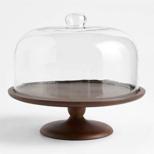 Madeira Walnut-Finished Acacia Wood Cake Stand with Glass Lid | Crate & Barrel