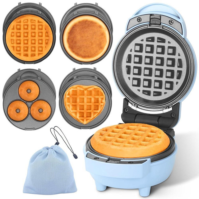 Baker's Friend 4 in 1 Mini Waffle Maker with Removable Plates, A Set of Mini Pancake Maker, Mini Donut Maker, Mini Heart Shape Waffle Maker and Small Waffle Maker, Compact Size, Recipe Included, Blue