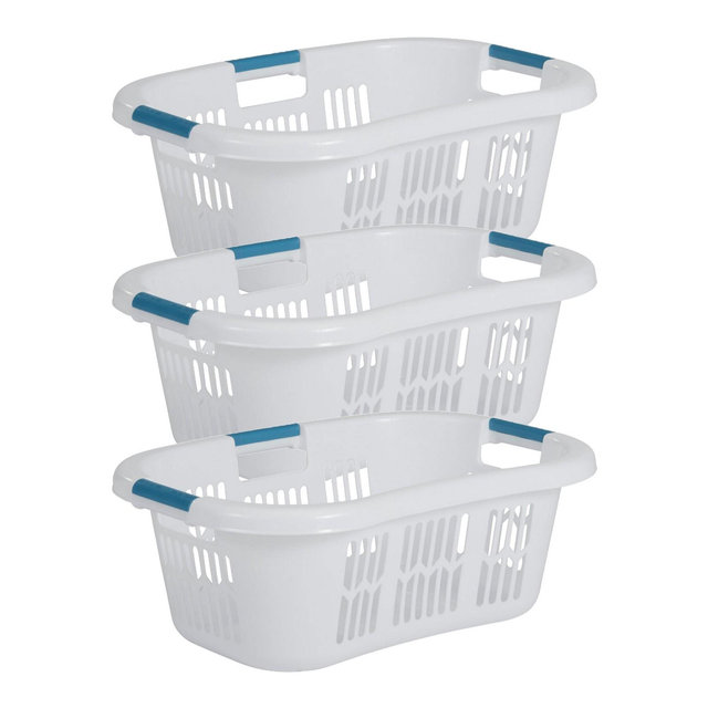Rubbermaid 2.1-Bushel Small Hip-Hugger Portable Plastic Laundry Basket with Grab-Through Handles, White