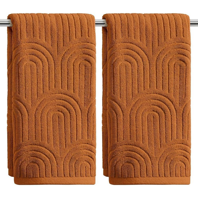 Artoid Mode 2 Pcs Caramel 3D Arched Stripes Jacquard Hand Towels for Bathroom, 100% Cotton Soft Absorbent Bathroom Decor Towels, 13.7 x 29.5 Inch