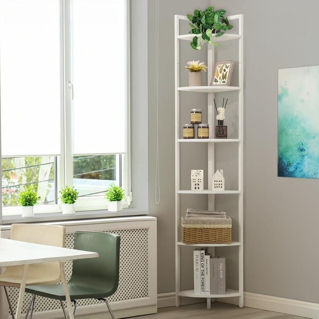 CAPHAUS 6 Tier Corner Shelf, 71.1-Inch Tall Bookshelf, Display Rack With Metal Frame, Round Shelf Unit, Stand for Bathroom, Living Room, Home, Office, White