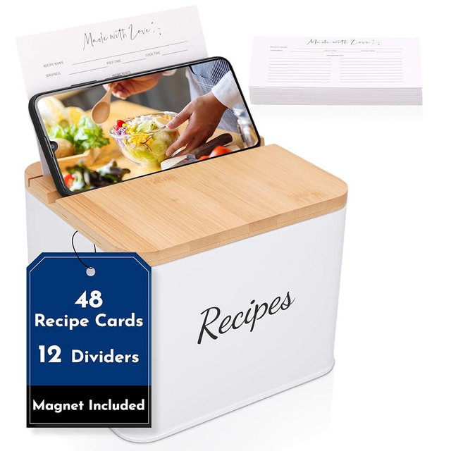 Five Jays Fly Recipe Box with Cards and Dividers - Durable & Stylish Tin Recipe Card Box with Wooden Lid - Set of 48 Customizable Double Sided Recipe Cards and Box Set 4x6
