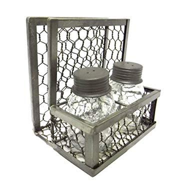 Park Designs Chicken Wire Napkin Holder with Mason Jar Salt & Pepper Shakers,Silver,6x6 inch
