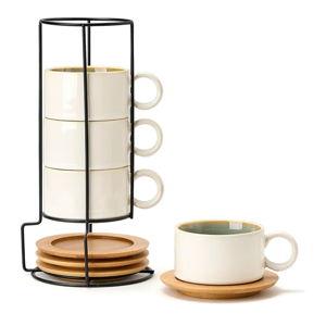 LUKA 6 Ounce Porcelain Stackable Espresso Cups with Saucers and Metal Stand Set of 4, Ceramic Cappuccino Cups Set for Specialty Coffee Drinks, Latte, Cafe Mocha and Tea, White Green Interior