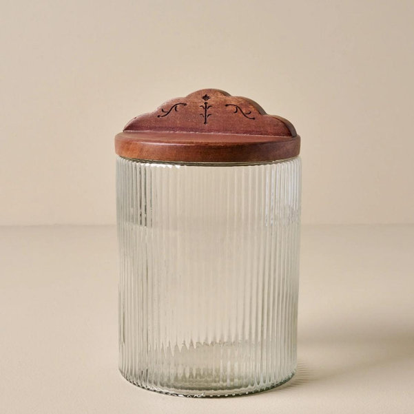 Antiqued Wood Ribbed Glass Canister