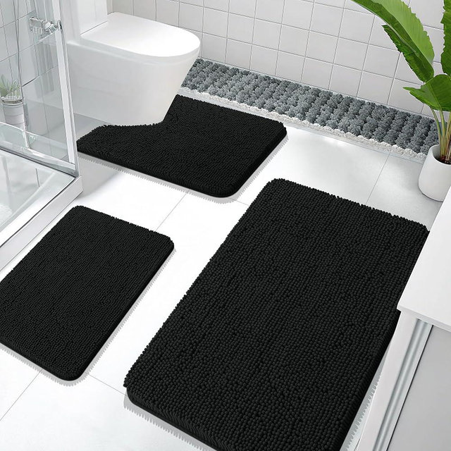 OLANLY Bathroom Rugs Sets 3 Piece, Soft Absorbent Chenille Bath Mats and U-Shaped Contour Toilet Rug, Non-Slip, Quick Dry Carpet, Home Decor Accessories, Bath Mat Set for Bathroom, Black
