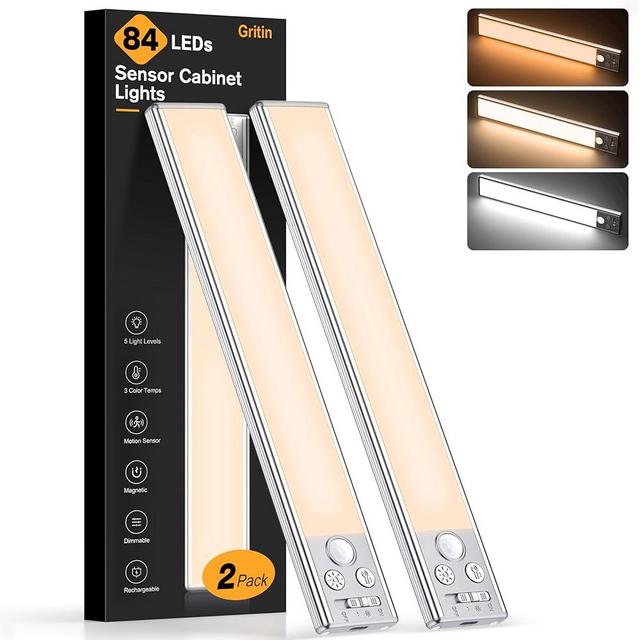 Gritin Under Cabinet Lighting- 84 LED Super Bright,3-Color & 5-Brightness,4 Modes,Motion Sensor, Rechargeable 1800mAh Long Lasting-Easy Installation Strong Magnetic Under Cabinet Closet Lights -2 Pack