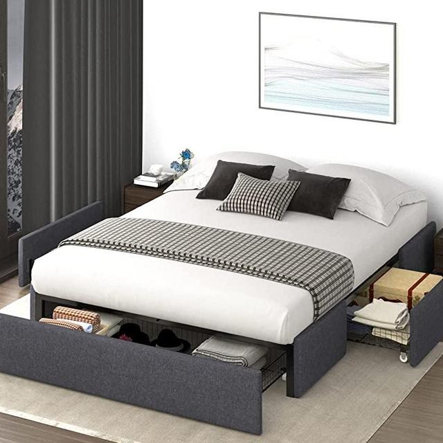 Allewie Queen Size Platform Bed Frame with 3 Storage Drawers, Upholstered Wing Side Panel Design, Wooden Slats Support, No Box Spring Needed, Noise Free, Easy Assembly, Dark Grey