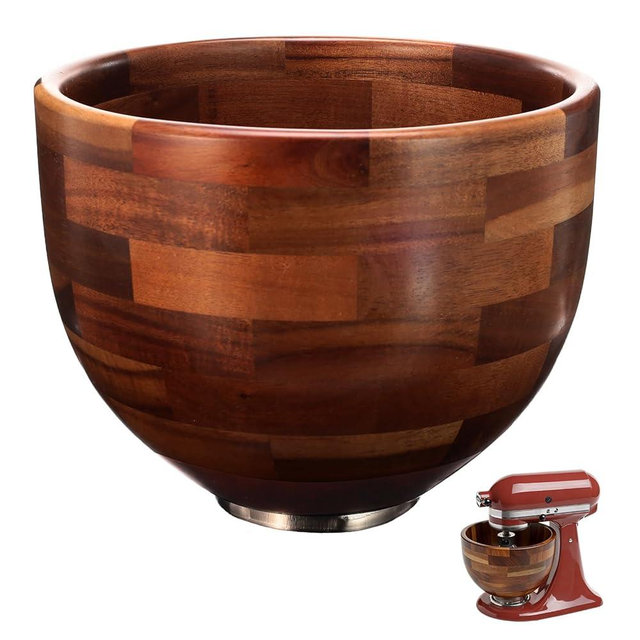 Wood Mixing Bowl for KitchenAid, 5QT Natural Acacia Wooden Bowl Compatible with KitchenAid 4.5&5 QT Tilt-Head Stand Mixer, with Stainless Steel Locking Base, for Baking & Mixing