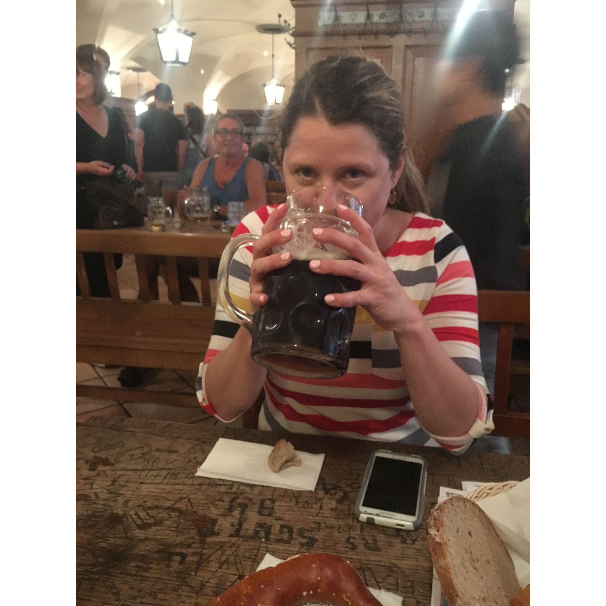 Dinner time in Germany at the Hofbräuhaus.  Giant beers and amazing hot pretzels served by waitresses wearing lederhosen.