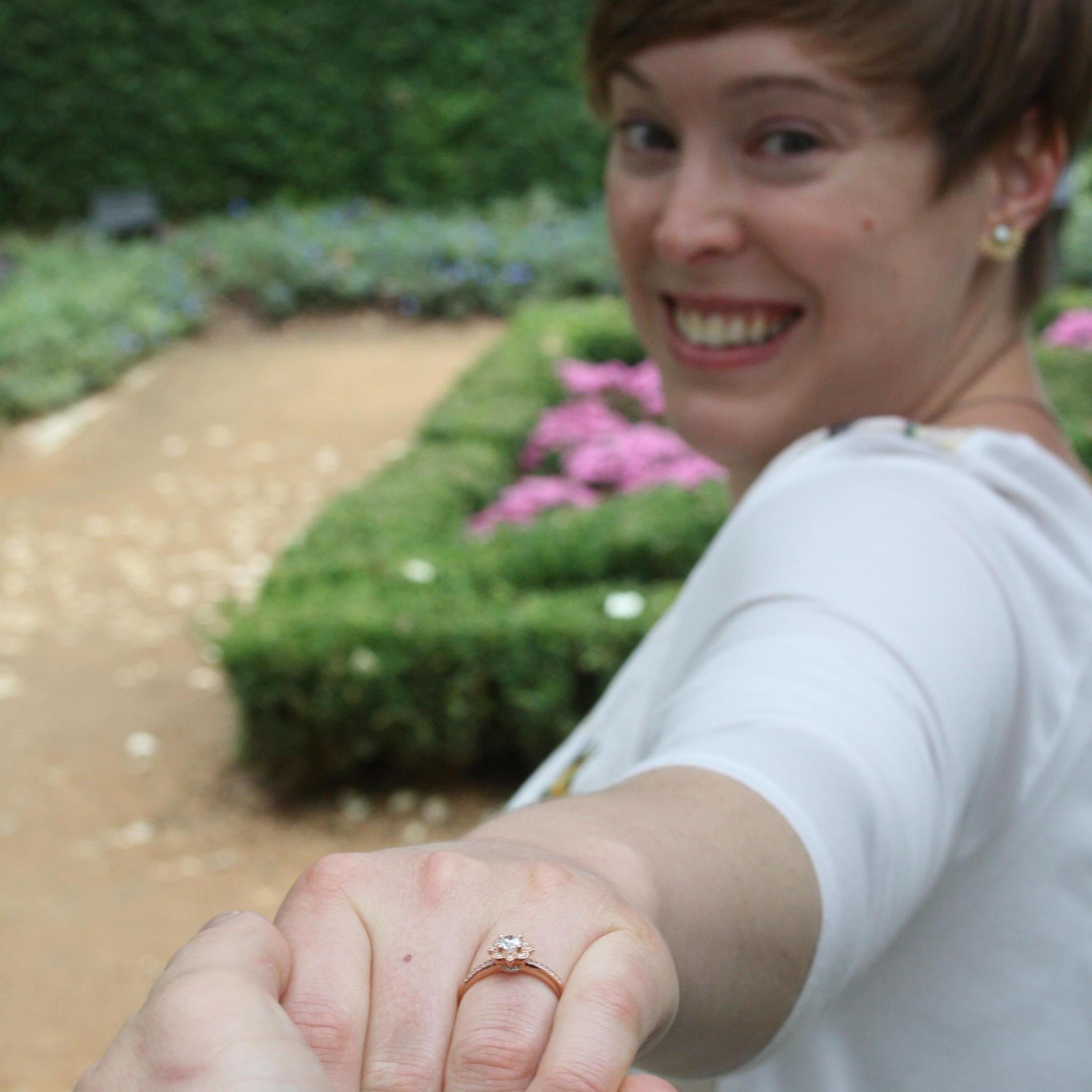 Katie showing off her new ring at the Arboretum.
