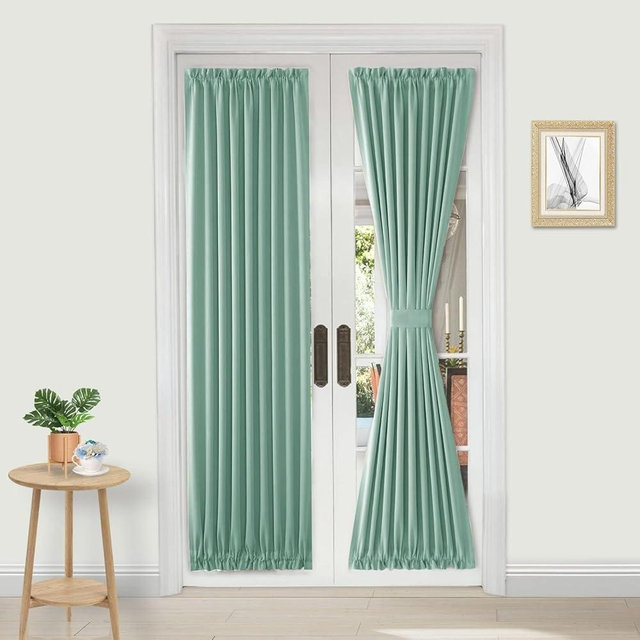 DWCN French Door Curtains – Rod Pocket Thermal Blackout Curtain for Doors with Glass Window, Kitchen and Patio Doors for Privacy, 25 X 72 Inches Long, 1 Curtain Panel with Tieback, Light Sage