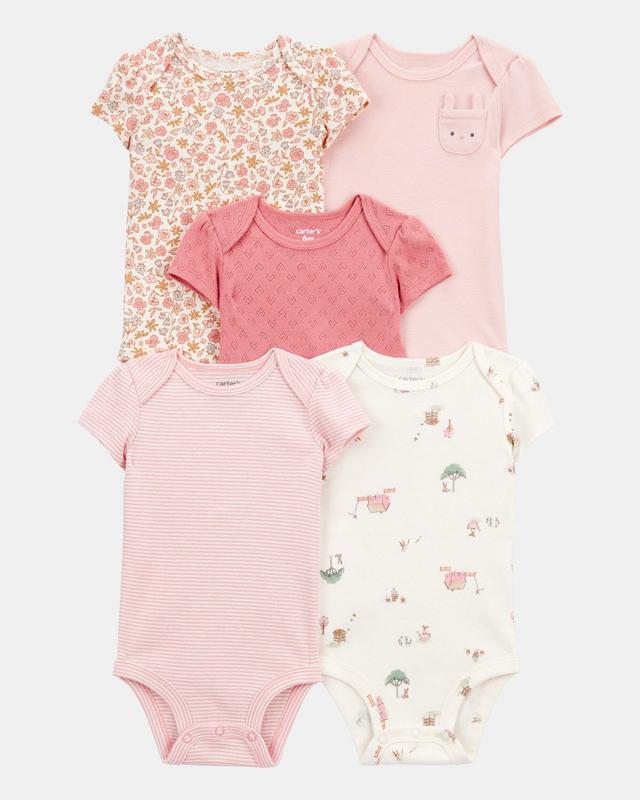 Baby Girl 5-Pack Floral Bunny Cotton Bodysuits - Pink