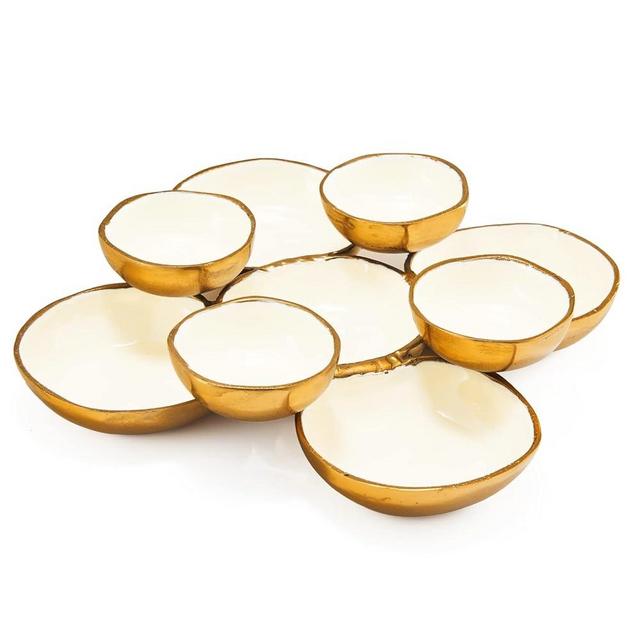 Cluster of 8 Round Serving Bowls Decorative Bowls Gold & White, Brass - Decoration, Snack Tray Bowl, Chip and Dip Strong Brass Beautiful Room Accent, Perfect for Entertaining, Home & Wedding Gifts 11"