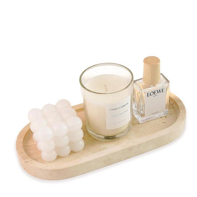 WORHE Stone Tray Natural Marble Vanity Tray for Jewelry Candles Perfume Travertine Stone Decorative Tray for Bathroom Countertop Storage Organizer for Bedroom Valentines Day Gifts for Her (WH028)