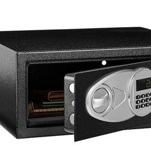 Amazon Basics Steel Security Safe and Lock Box with Digital Keypad, Electronic Lock, Emergency Key Open, Secure Cash, Jewelry, Documents, Black, 0.7 Cubic Feet, 16.9-x-14.6-x-7.1-inches (WxDxH)