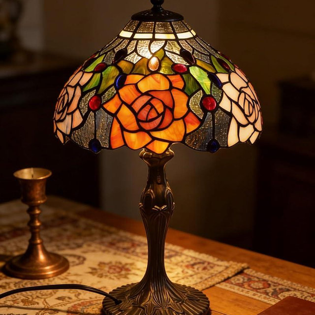 Pterying Tiffany Lamp, 19'' Tall Stained Glass Lamp, Vintage Colorful Rose Table Lamp Desk Bedside Reading Light Decor Bedroom Living Room